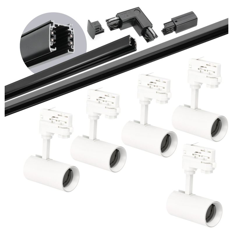 Zestaw szynowy 3-fazowy Kobi szyna czarna 2m+1m, 5x Lampa biała, łącznik L 1kpl.