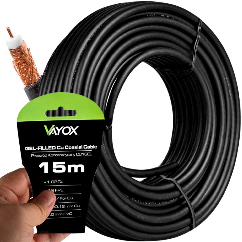 Kabel koncentryczny Vayox CC1-15GEL antenowy żelowany Cu 75 Ohm czarny 15m 1 szt.
