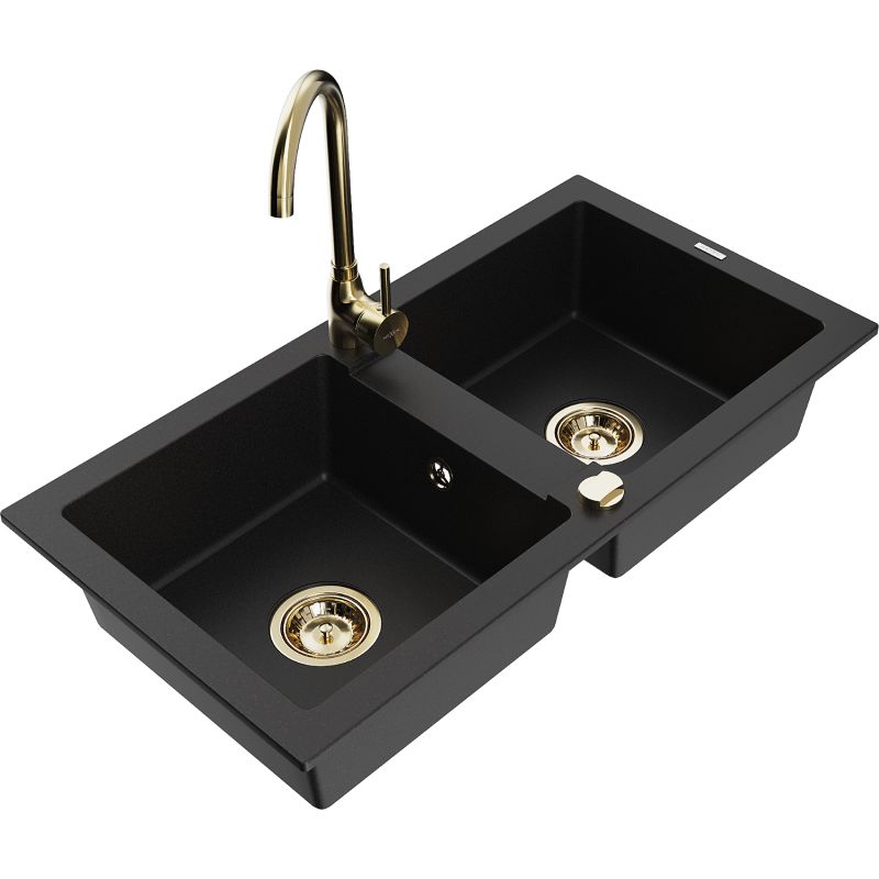 Zlewozmywak granitowy 2-komorowy Mexen Mario z baterią kuchenną Telma czarny - 6504-77-670200-70-B 1 szt.