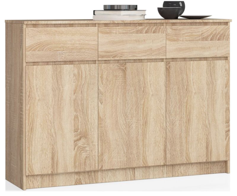 Komoda Akord K140 Dąb Sonoma 138 cm 3 drzwi 3 szuflady kolor Dąb Sonoma mat 6 półek 138x40x99 cm 1 szt.
