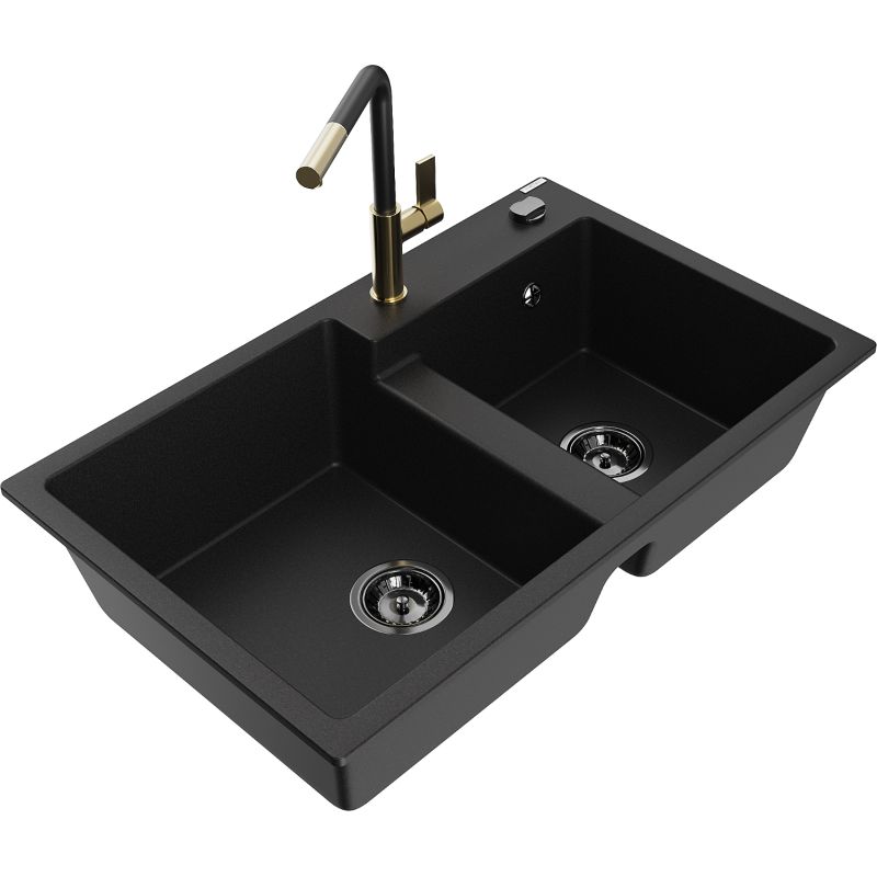 Zlewozmywak granitowy 2-komorowy Mexen Tomas z baterią kuchenną Flora czarny 6516-77-670401-57-B