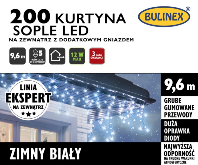 Kurtyna zewnętrzna 200 LED Bulinex sople 9,6 m z dodatkowym gniazdem zimna biała