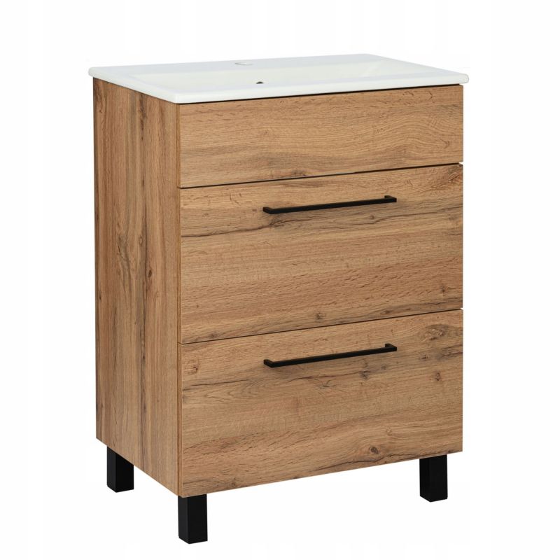 Szafka Łazienkowa Stamar Z Umywalką 600 x 400 mm Dąb Wotan 2 Szuflady Stojąca Cichy Domyk 1 szt