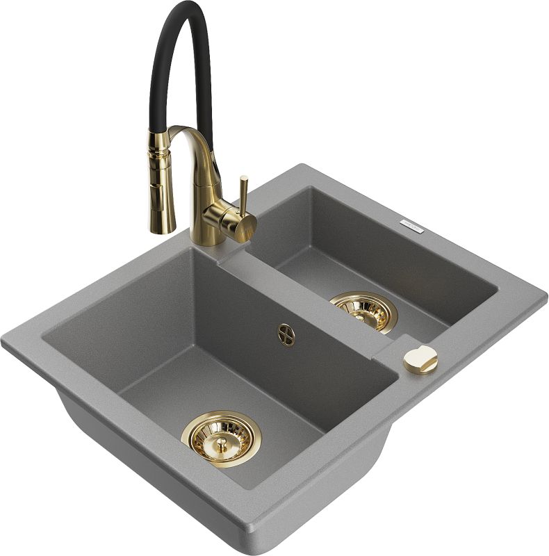 Zlewozmywak granitowy Mexen Carlos 1,5-komorowy z baterią kuchenną Aster szary 6518-71-73450-57-G