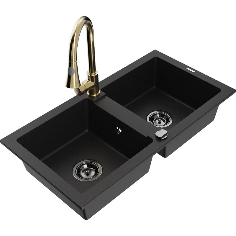 Zlewozmywak granitowy 2-komorowy Mexen Mario z baterią kuchenną Elia czarny - 6504-77-670101-70 1 szt.