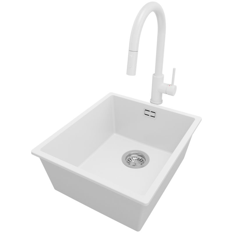 Zlewozmywak Granitowy Londyn Slim PRIMAGRAN Nablatowy 41x47cm do szafki od 45cm, Biały + Bateria 40x20cm + Syfon, S137, 1 szt.