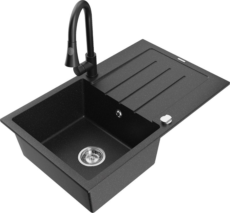 Zlewozmywak granitowy Mexen Bruno 1-komorowy z ociekaczem i baterią kuchenną Elia szary - 6513-71-670101-71 1 szt.
