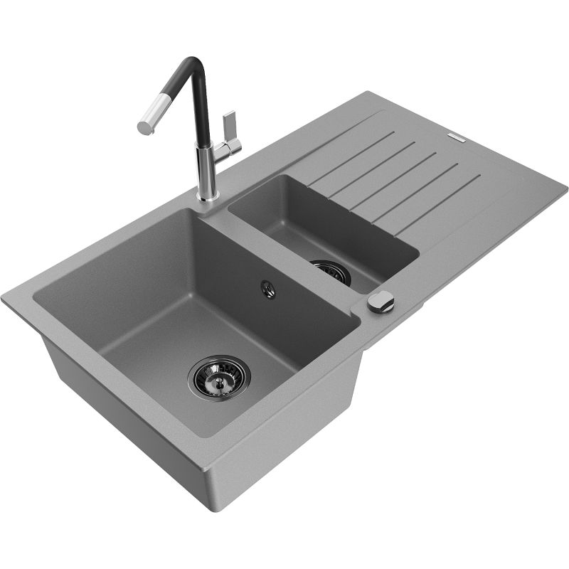 Zlewozmywak granitowy 1.5-komorowy Mexen Matias z ociekaczem i baterią kuchenną Flora szary 6502-71-670401-07-B