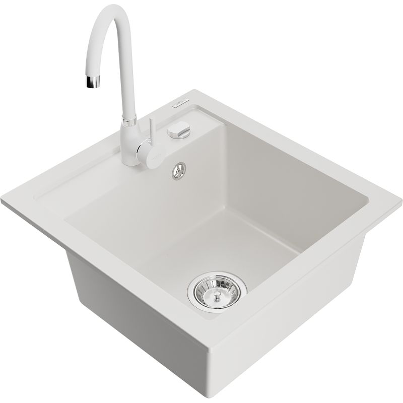 Zlewozmywak granitowy 1-komorowy Mexen Vito z baterią kuchenną Telma biały 6503-20-670200-20