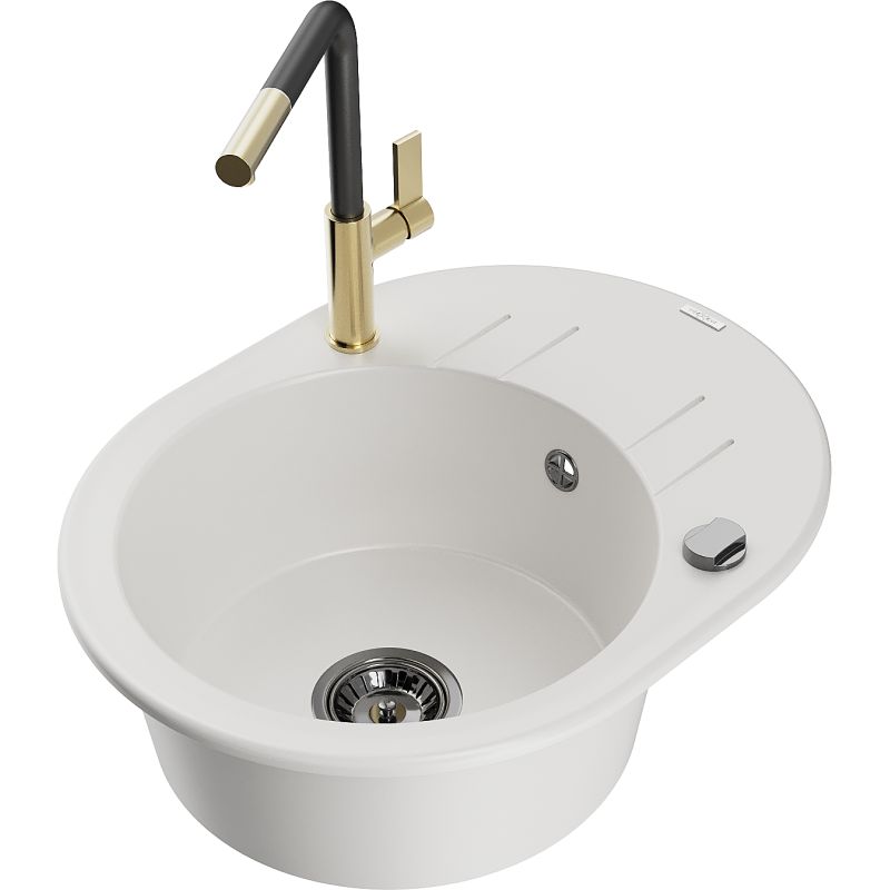 Zlewozmywak granitowy 1-komorowy Mexen Kevin z ociekaczem i baterią kuchenną Flora biały 6517-20-670401-57-B