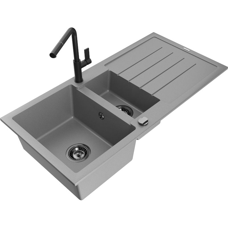 Zlewozmywak granitowy 1.5-komorowy Mexen Andres z ociekaczem i baterią kuchenną Rita czarny - 6515-77-670300-50-B 1 szt.