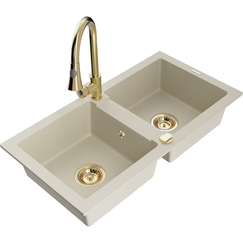 Zlewozmywak granitowy 2-komorowy Mexen Mario z baterią kuchenną Elia beżowy 6504-69-670101-50