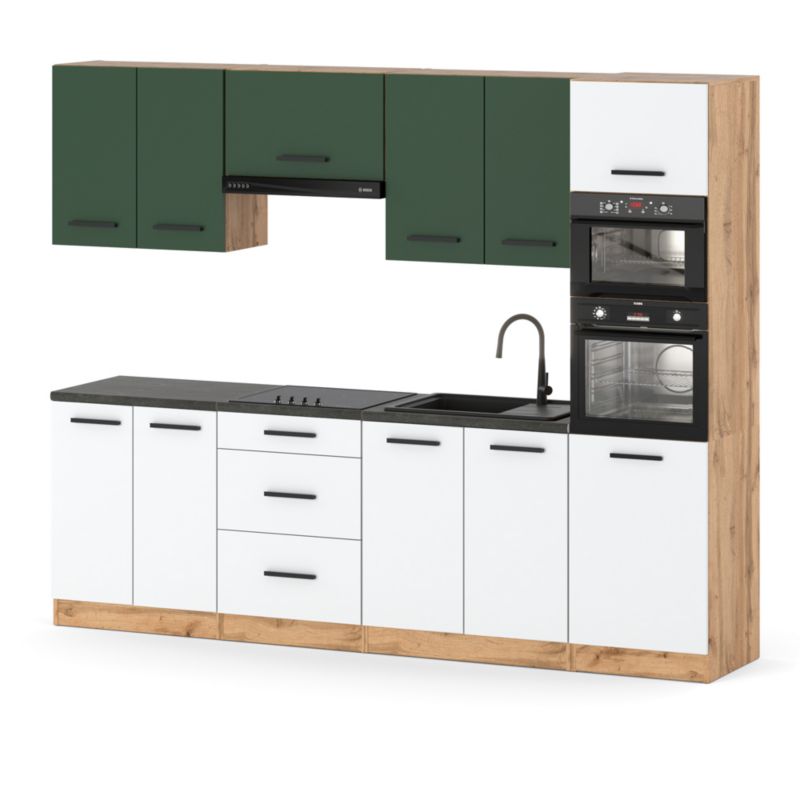 Zestaw Kuchenny Hurtownia-Mebli Z Blatem Kuchnia Marra 260cm Dąb Wotan Butelkowa Zieleń/Biały Mat 260x47x217 cm 1szt.
