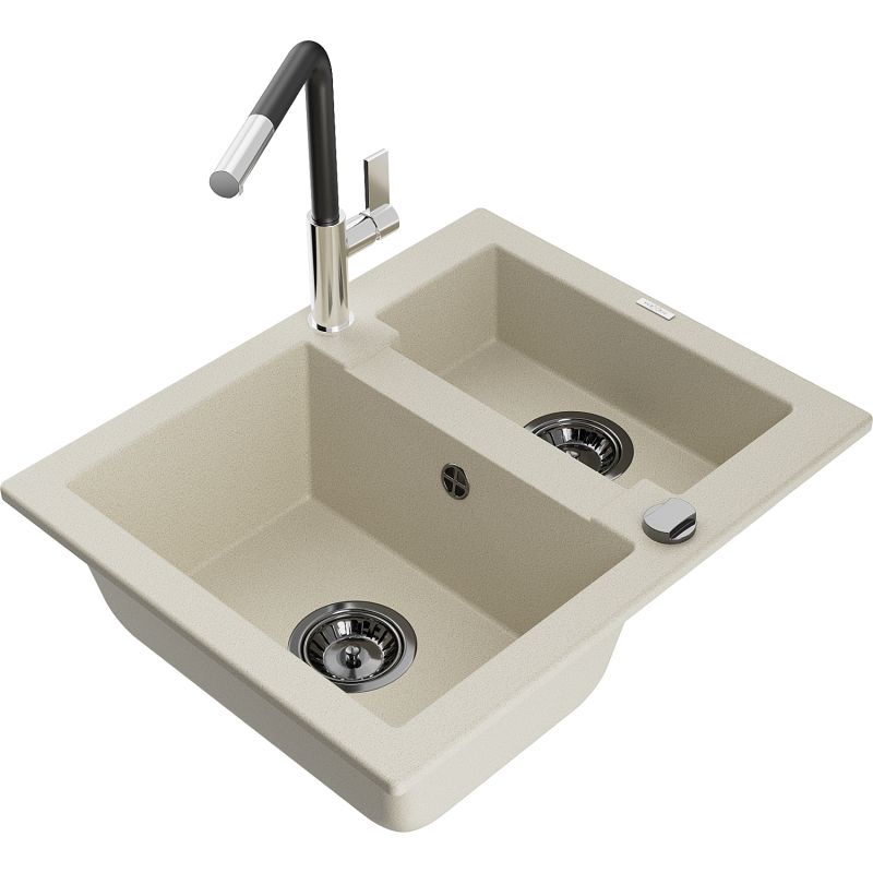 Zlewozmywak granitowy 1.5-komorowy Mexen Carlos z baterią kuchenną Flora beżowy 6518-69-670401-07-B