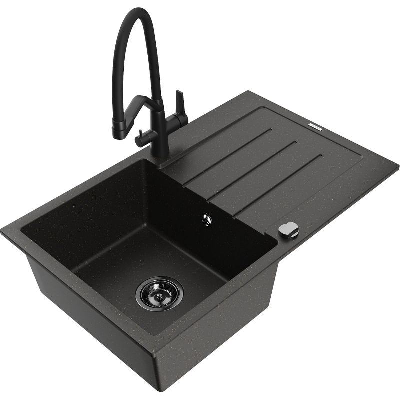 Zlewozmywak granitowy 1-komorowy Mexen Bruno z ociekaczem i baterią kuchenną Elia biały - 6513-20-670101-70 1 szt.