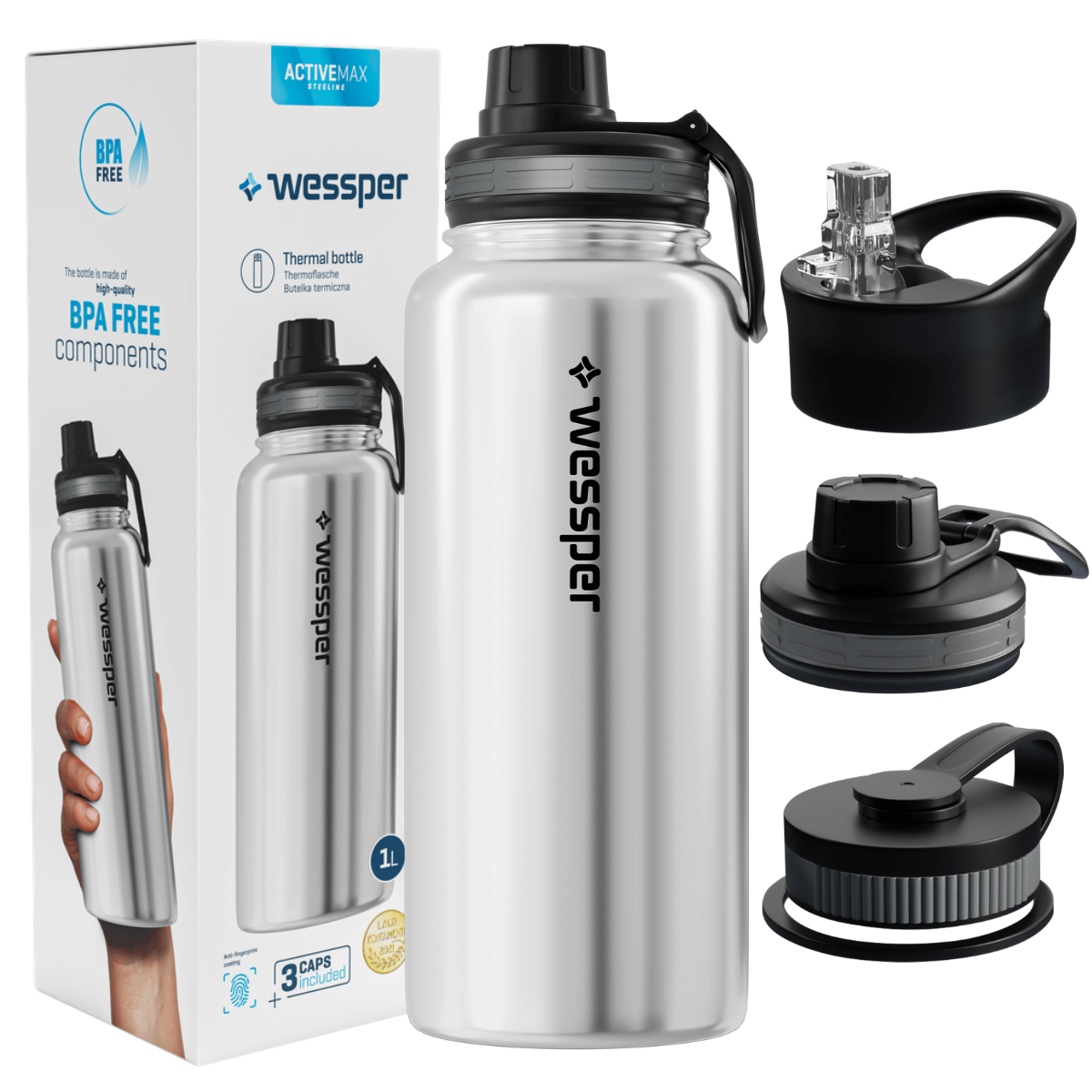 Bidon termiczny Wessper ActiveMax Steeline 1000 ml w kolorze srebrnym.