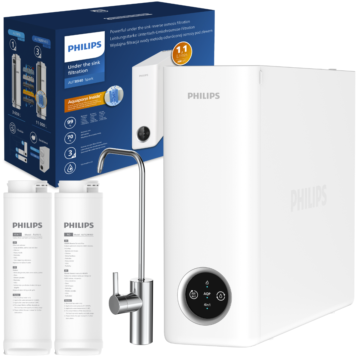 PHILIPS AUT8940/10 filtr odwróconej osmozy bez zbiornika, z kranem. System filtracji direct flow. Następca PHILIPS AUT4030R400.