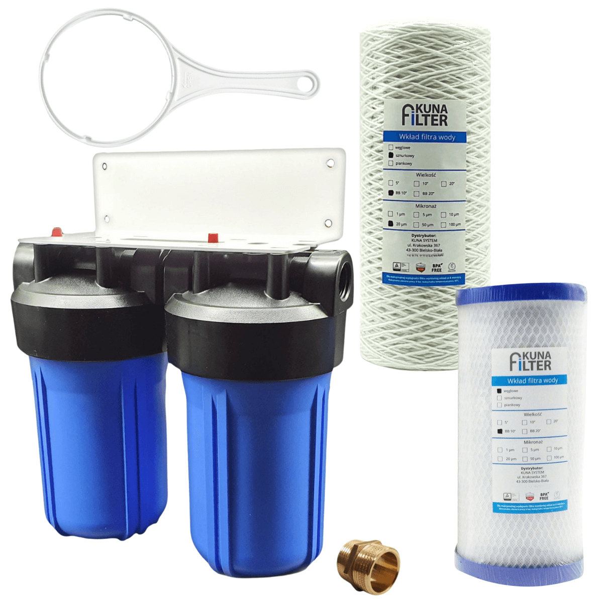Zestaw 2 korpusy BB10, stelaż, filtr węglowy, filtr sznurkowy.