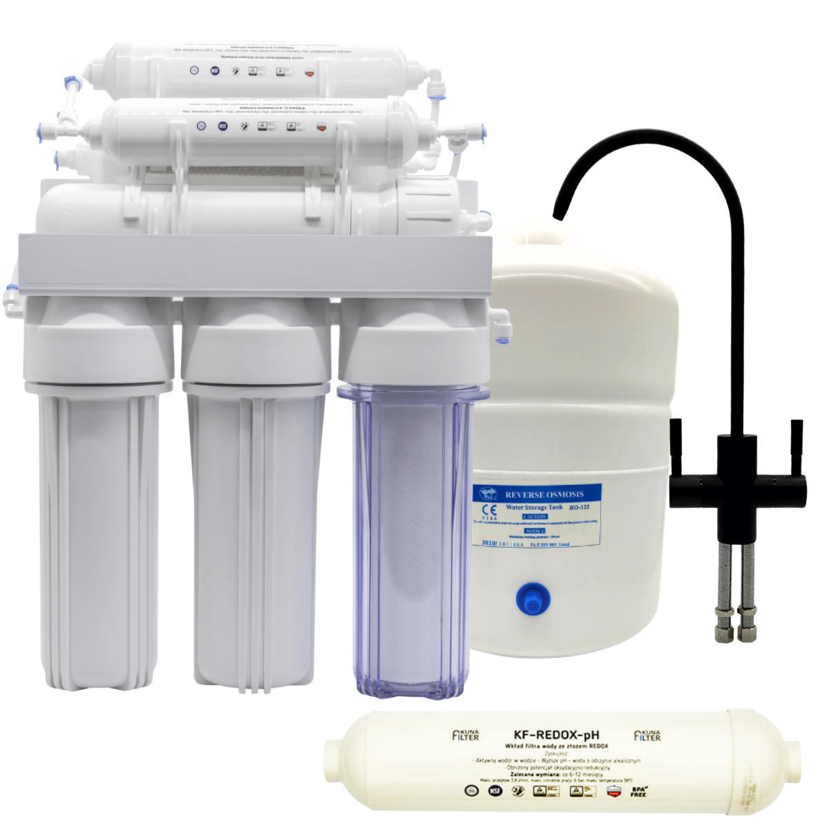 Kuna Filter RO-7 Redox z kranem w kolorze czarny mat. Wydajny filtr z jonizacją wody.