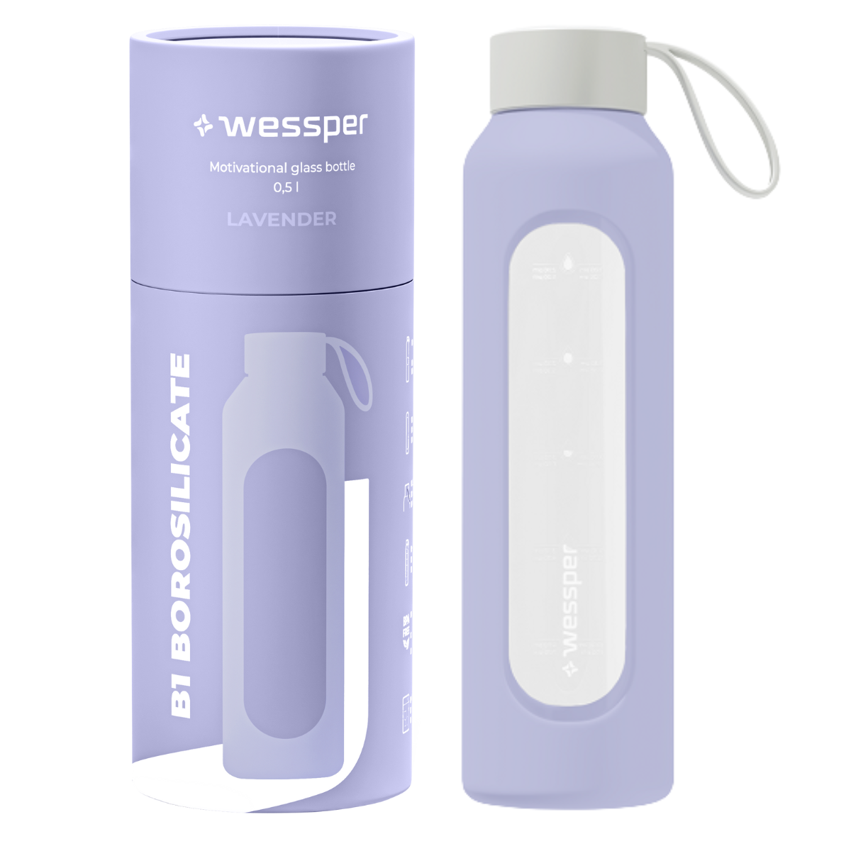 Butelka ze szkła borokrzemowego w fioletowym silikonowym etui 500 ml.