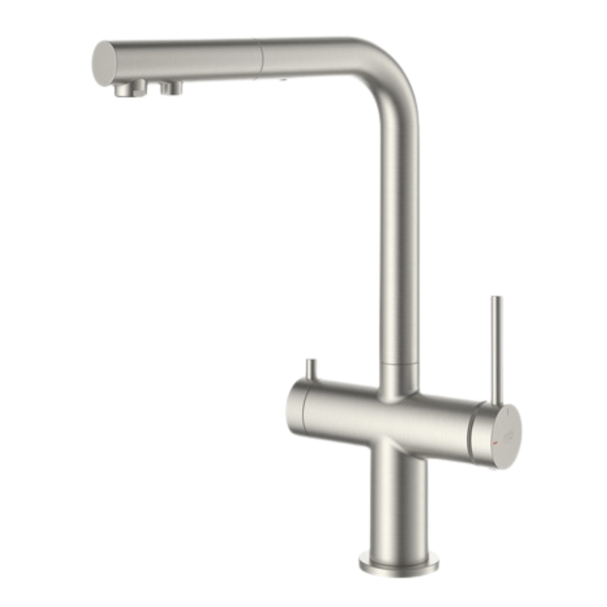 Bateria Blue Water DELTA w kolorze stali (dwuobwodowa) z podłączeniem wody filtrowanej i wyciąganą wylewką.