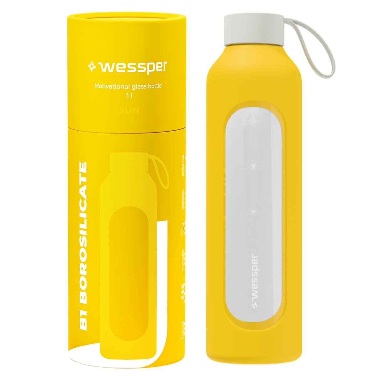 Szklana butelka Wessper w żółtym silikonie 1000 ml.