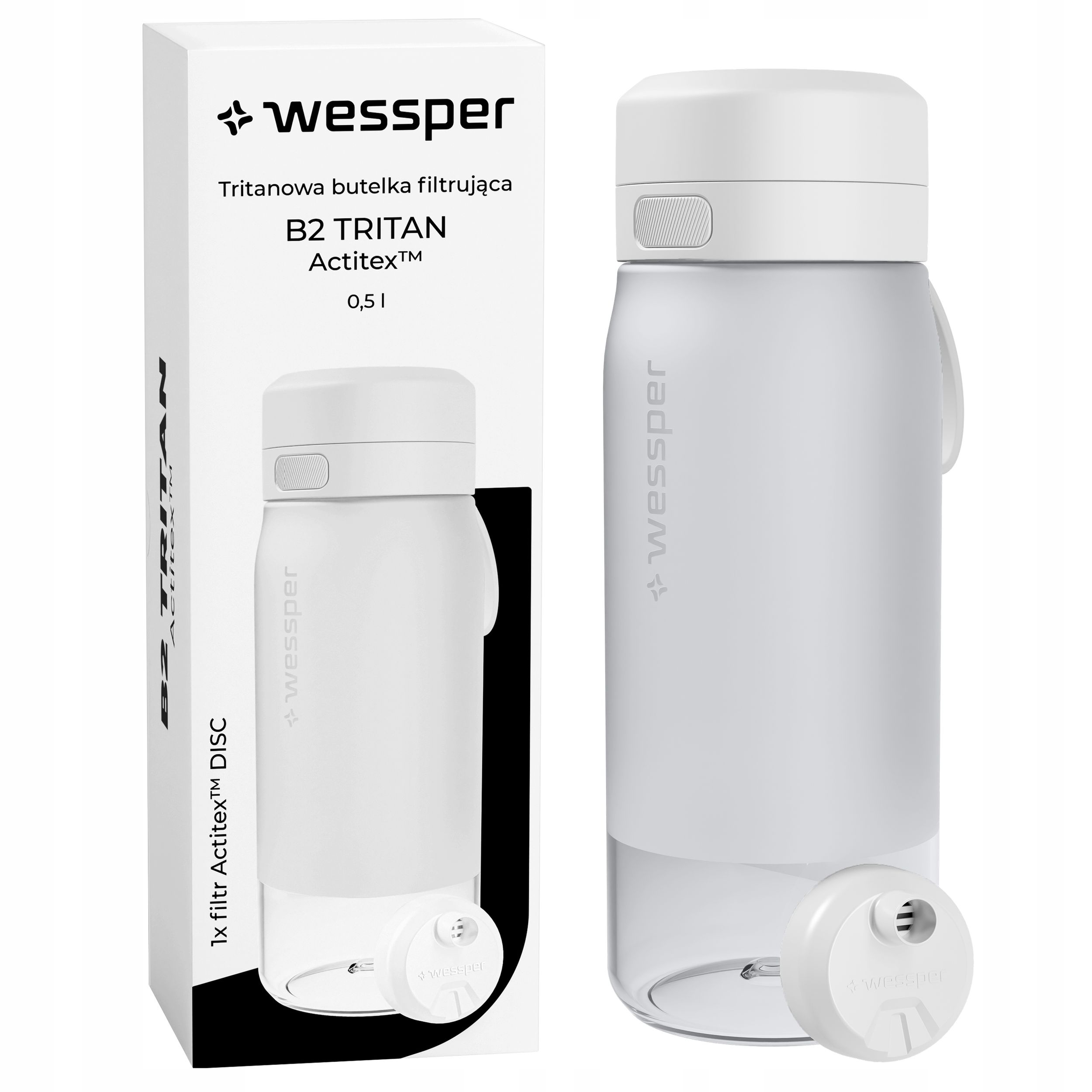 Butelka filtrująca tritanowa w kolorze białym 500 ml.