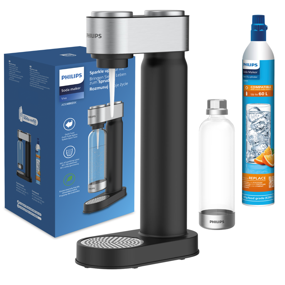 Saturator do gazowania wody PHILIPS ADD4902BK, kolor czarny. Kompletne urządzenie z cylindrem CO2 i butelką do gazowania.