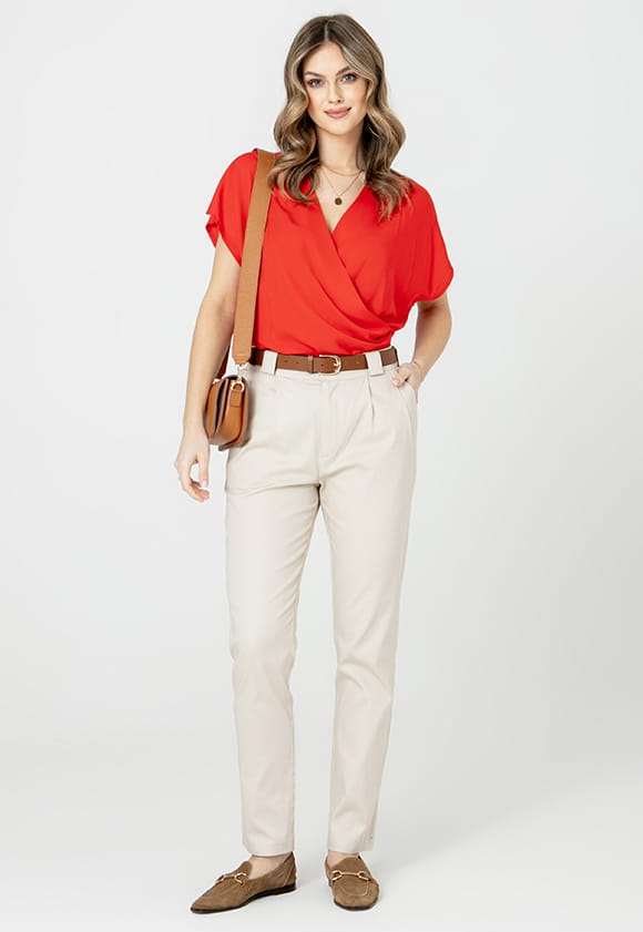 Lillow - Klasyczne SPODNIE Damskie CHINOSY - beż, krótsze - Materiał bawełna - Uszyto w Polsce