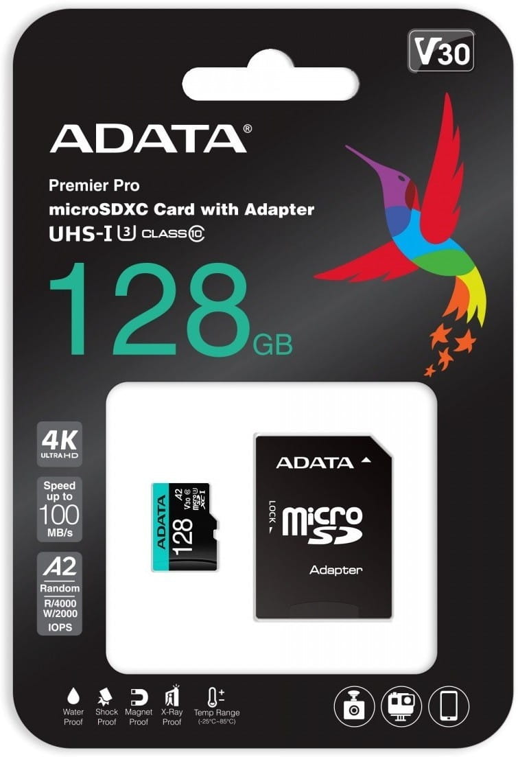 ADATA Micro SDXC 128GB V30S A2 100/85 U3 AUSDX128GUI3V30SA2-RA1 - Henryx24