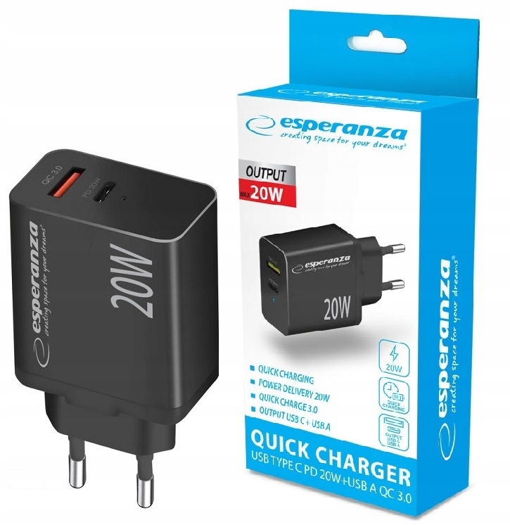 ESPERANZA Ładowarka 20W EZC105K USB+USBC - Henryx24