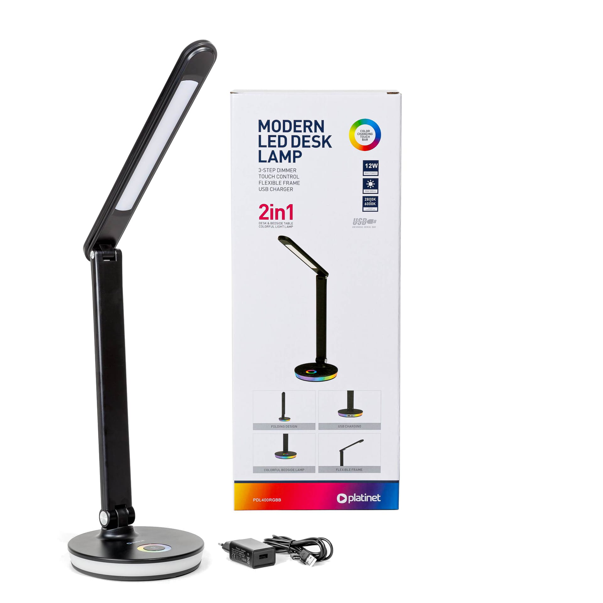 PLATINET Lampka led 12W 45938 PDL400RGBB czarna z portem usb - Henryx24