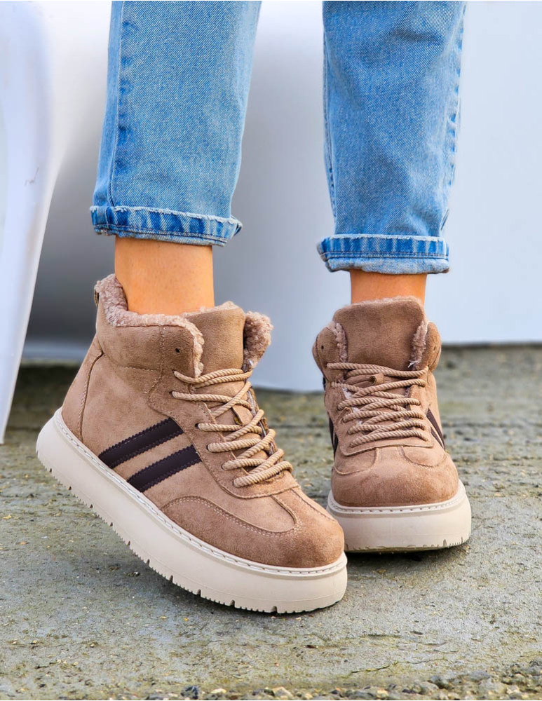 Beżowe Sportowe Zimowe Botki Damskie Ocieplane Ads