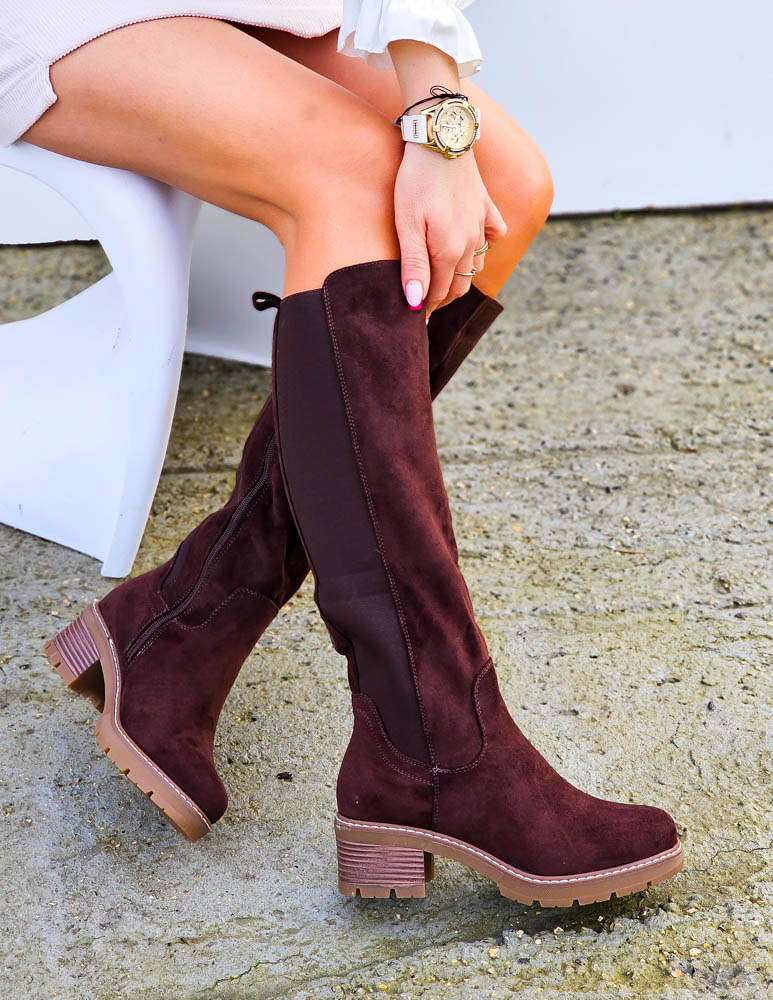 Czekoladowe Zamszowe Kozaki Na Niskim Klocku Madera