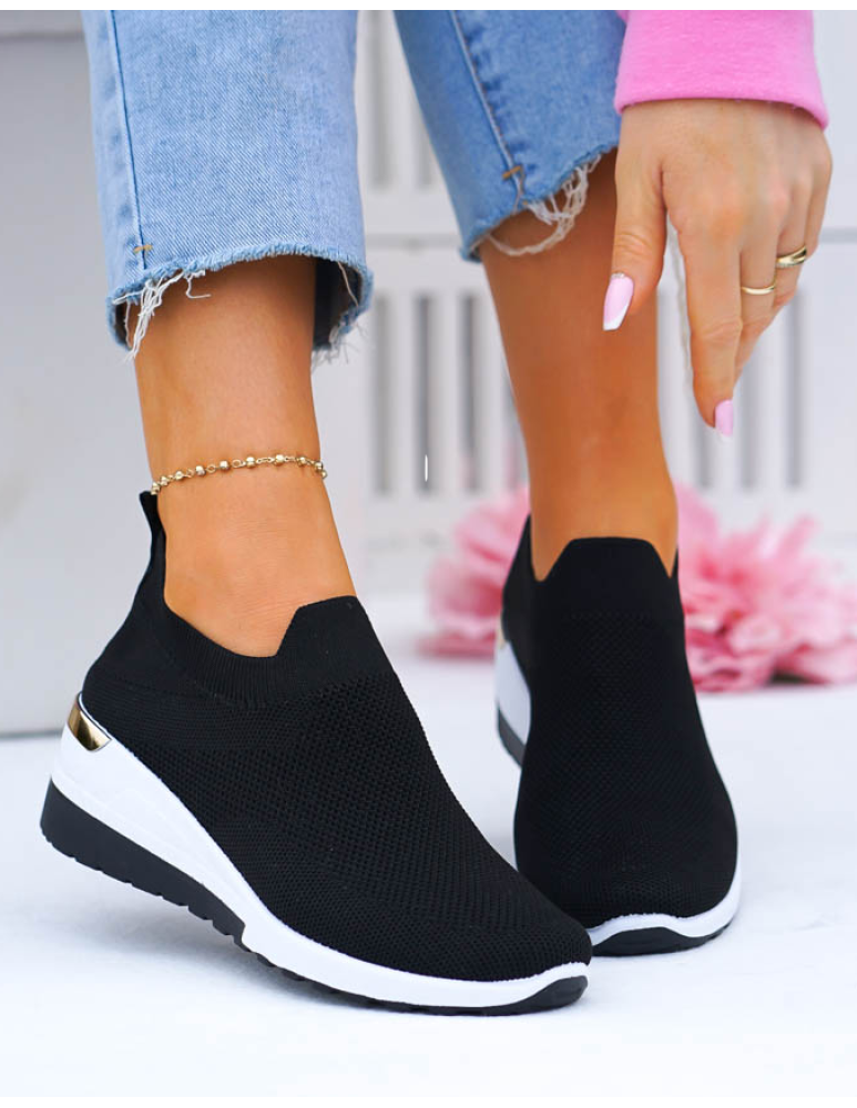 Czarne Buty Sportowe Damskie Elastyczne Na Koturnie
