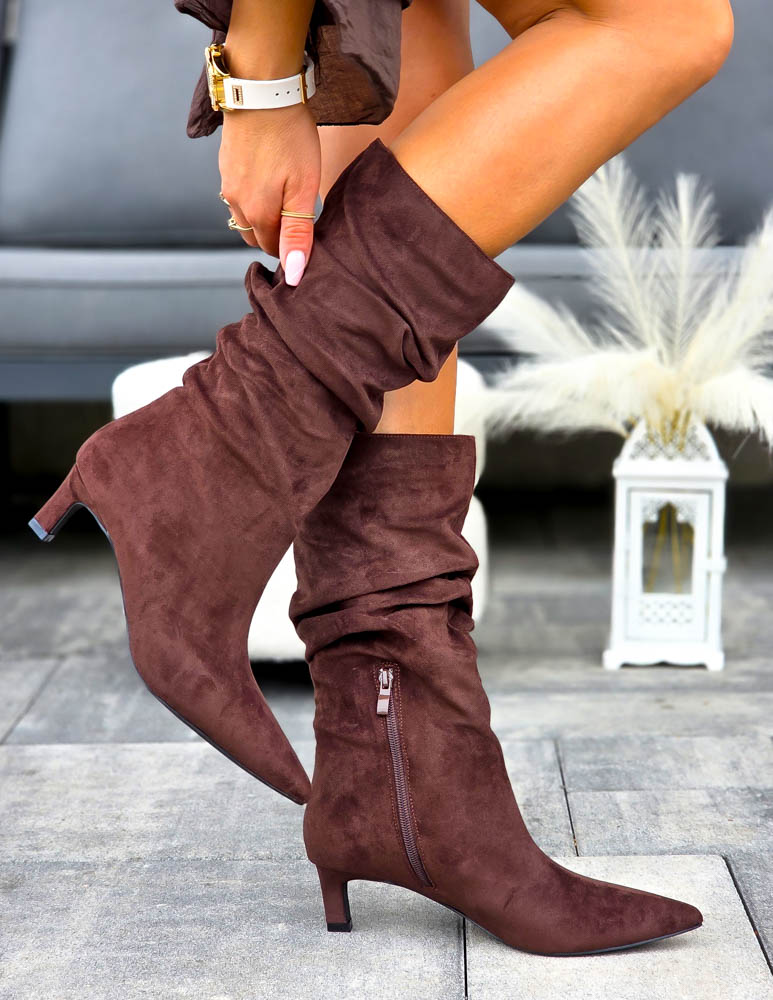 Czekoladowe Botki Kozaki Na Niskiej Szpilce Joliett