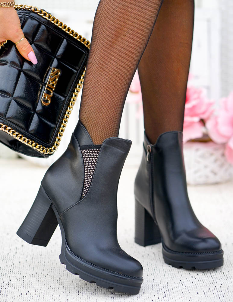 Czarne Zimowe Botki Damskie Na Obcasie Ze Skóry Kayla