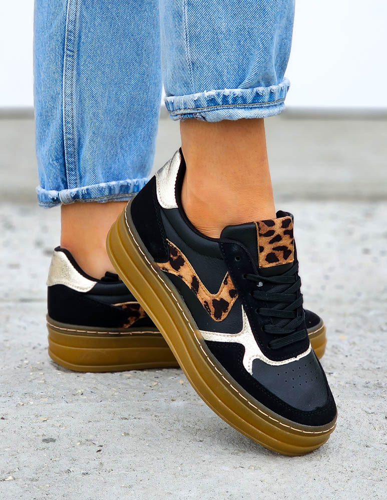 Buty Sportowe Sneakersy Czarne z Wstawką z Panterki