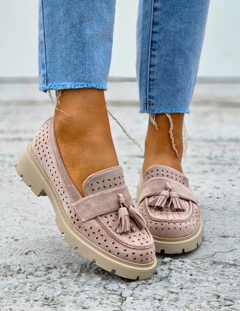 Ażurowe Zamszowe Beżowe Mokasyny OhShoes