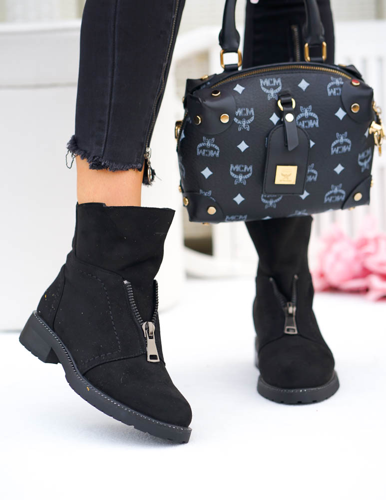 Zamszowe Botki Na Płaskiej Podeszwie z Suwakiem Arena