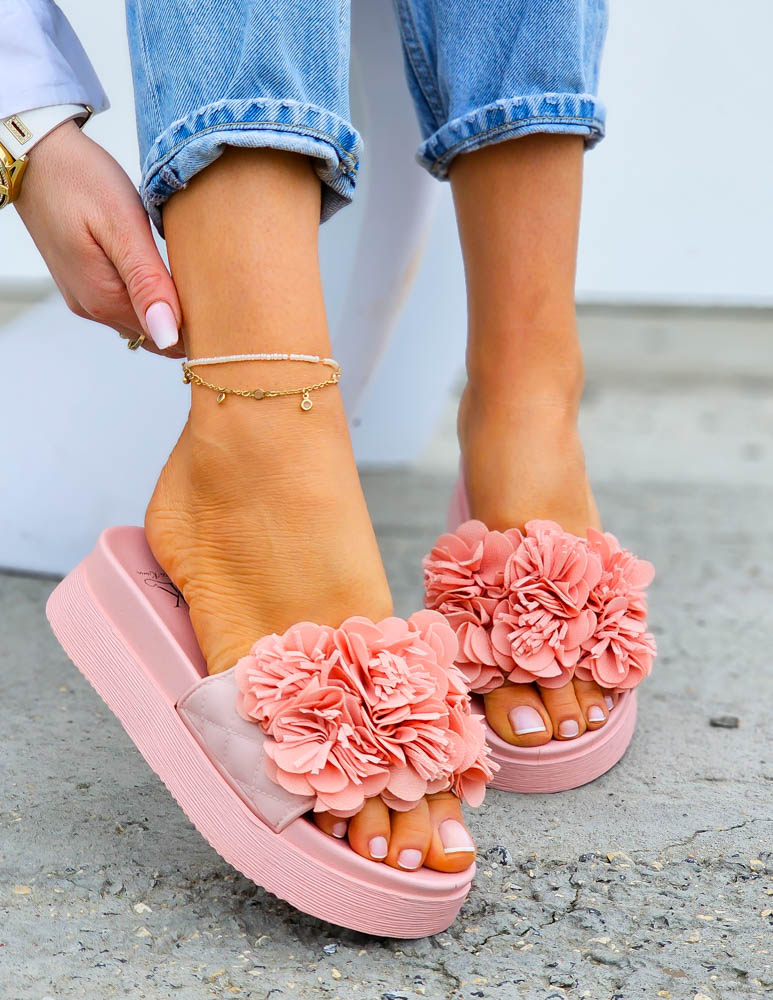 Lekkie Klapki Na Platformie z Kwiatami Little Różówe