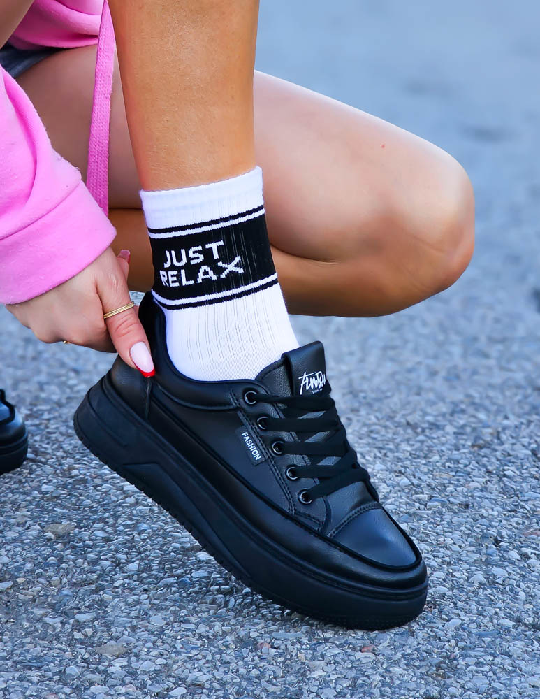 Czarne Skórzane Buty Sportowe Na Platformie Fashion