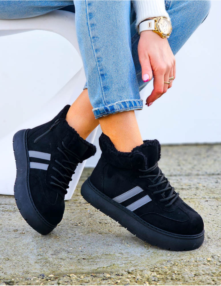 Czarne Sportowe Zimowe Botki Damskie Ocieplane Ads