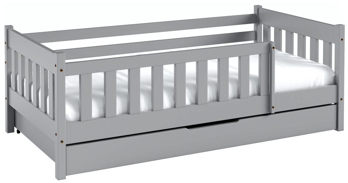 Szare łóżko do pokoju dziecięcego z barierką i szufladą 80x160 cm NEBULA