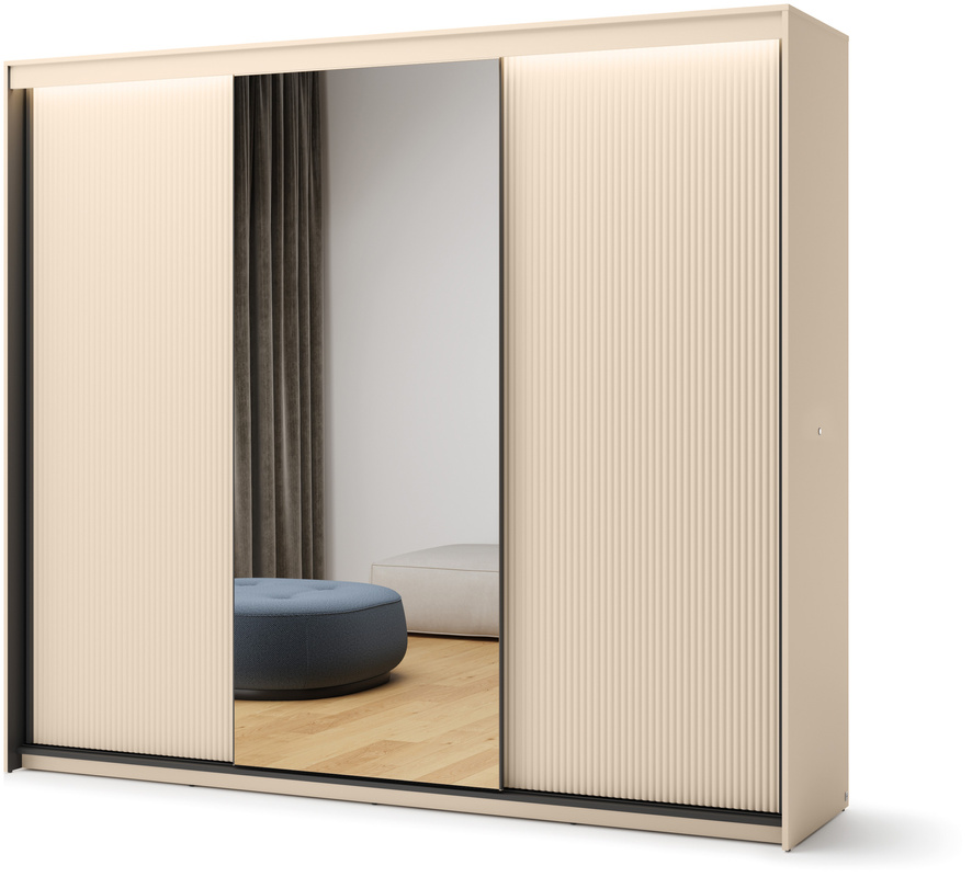 Trzydrzwiowa duża szafa przesuwna do sypialni 250 cm z lustrem beżowa