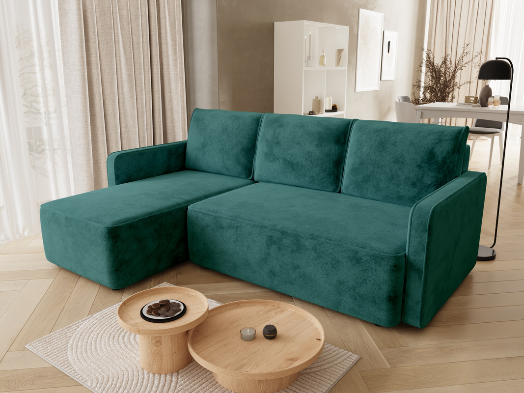 Zielony narożnik do salonu z funkcją spania i pojemnikiem QULIO