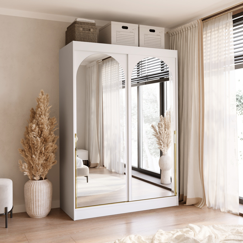 Szafa przesuwna z dwoma lustrami biała 150 cm drzwi przesuwne złote uchwyty MORIN