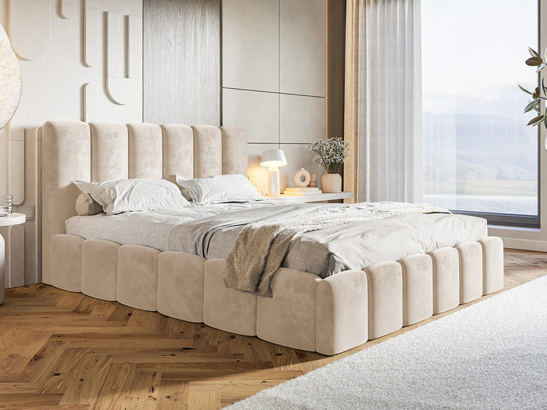 Beżowe tapicerowane łóżko 160x200 cm dwuosobowe z pojemnikiem SALERNO
