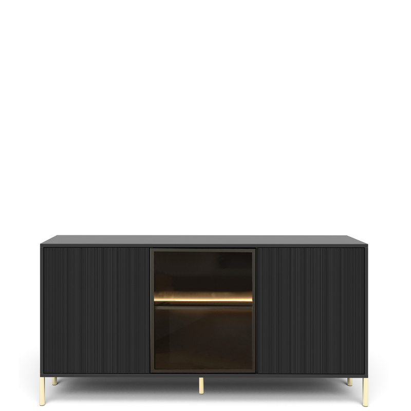 Czarna trzydrzwiowa komoda z witryną 154 cm do salonu ryflowana OLVO