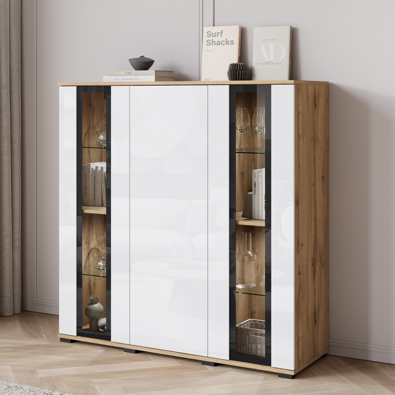 Komoda biały połysk z witryną 120 cm do salonu CADO
